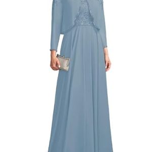 TANPAUL Damen Brautmutterkleider mit Jacke Chiffon Spitze Langärm Abendkleider Zweiteilig Staubiges Blau 56