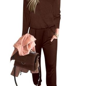 PRETTYGARDEN Damen Jumpsuit langärmelig Rundhalsausschnitt Schulterfrei Elastischer Taille Stretch Strampler mit Taschen - Braun - Mittel