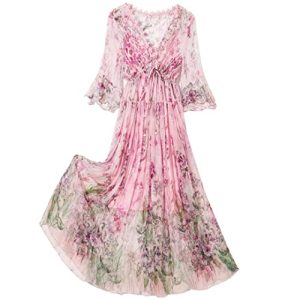 100% Seide Damen Kleid Blumen V Ausschnitt Kurzarm Rüschen Spitze Blumendruck A Linie Midikleid Rosa S