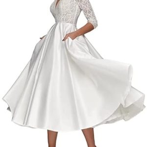 TANPAUL Brautkleider V-Ausschnitt Spitzen Hochzeitskleid Satin Rückenfrei Abendkleider Elfenbein 50