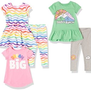 Amazon Essentials Mädchen Outfit/Geschenkset Mit Kleid, Tuniken, Leggings Zum Kombinieren (Früher Spotted Zebra), Grau/Grün Wolken/Rosa Textaufdruck/Weiß Regenbogen, 5 Jahre