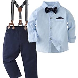Amissz Baby Jungen Gentleman Set, Kinder Festliche Kleidung Taufkleidung Anzug Langärmeliges Shirt & Hosen Outfit Blau, 6-7 Jahre