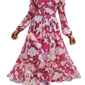 Damen V-Ausschnitt Langarm Wrap Maxikleid A Linie Empire-Taille Herbst Hochzeit Gast Party Casual Chiffon Kleid, Rosenblüten, Groß