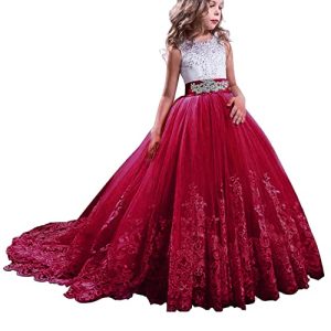 NNJXD Mädchen Spitze Tüll Gestickte Prinzessin Prom Ballkleid Formale Partei Lang Schwanz Kleider Größe (160) 12-13 Jahre 406 Rot-A