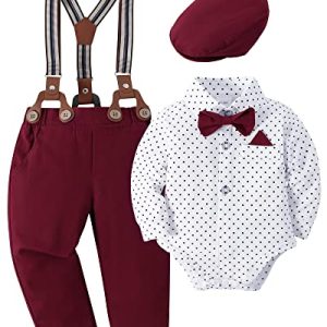 SANMIO Baby Jungen Bekleidung Set, 4pcs Gentlemen Romper Outfits + Suspender Pants + Beret Hat + Bowtie, Hochzeit Taufe Formal Anzug Rot, 6-12 Monate