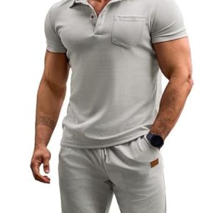 JMIERR Herren Trainingsanzug Sommer Sportanzug 2 Teiliges Business Polo Hemd Set Kurzarm T-Shirts Kurze Hose Freizeitanzug Grau XL