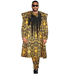 HD Afrikanische Herren Kleidung Dashiki Top Shirts und Hosen Stickerei Boubou Agbada Outfits 3 Stück, Gelb62, 4X-Large