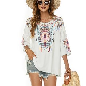 drakloak Bluse Stickerei Damen Boho Bestickte Oberteile Tunika Folklore Hippie Blusen Blumenmuster Oberteil Kurzarm Lose Tops(438 WT 2XL)