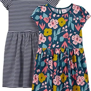Simple Joys by Carter's Mädchen Short-Sleeve and Sleeveless Dress Sets, Pack of 2 Lässiges Kleid, Indigo Floral/Weiß Streifen, 7 Jahre (2er Pack)
