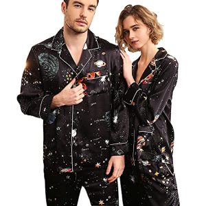 Seiden-Pyjama-Set für Herren und Damen Hochwertige seidige Pyjamas-Nachtw?sche（2 Pyjamas-Set） (Schwarz L)