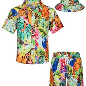 TUNEVUSE Kleine und große Jungen Hawaiian Button Down Hemds und Short Set Tropical Print Sommerkleid mit Matchstick Hut Kinder 2-teilige Kleidung Cabana Set Grün 9-10T