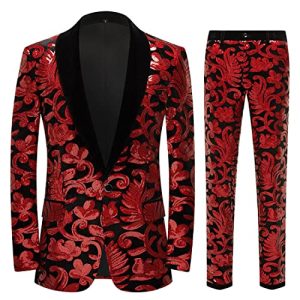 CARFFIV Herren Modische Blumenmuster Pailletten Zweiteiler Set Anzüge,Red,L