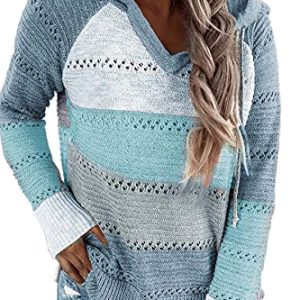 GOLDPKF Pullover Damen Hoodie Damen Sweatjacke MäDchen Damen Farbblock Kapuzenpullover Gestreift Hoodie Entspannt Sweatshirt mit Kapuze Lässiger Hohlpullover Blau S 36-38