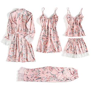 DEBAIJIA Damen Nachthemd 5 Stück Set Nachtwäsche Satin Schlafanzüge Sexy Nachtkleid Negligee Robe Pyjama Bademantel Atmungsaktiv Leichte (Rosa-XL)