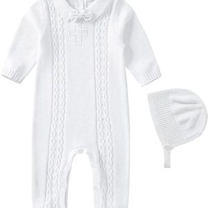 Baby Junge Strampler 6-9 Monate Lange Ärmel Onesies Strickpullover Taufe Taufe Outfits für Jungen Neugeborenes Herbst Winter Weiß Baby Fotoshooting Anzüge Kleidung mit Taufe Hüte
