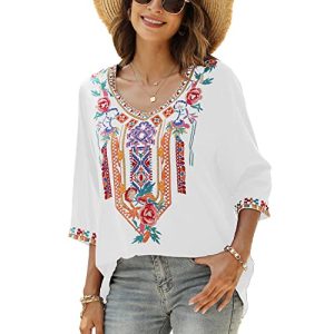 Seasonal Boho Kleidung Damen, Tunika Damen Sommer, Stickerei Folklore Kleid, 70er Jahre Bluse, Ethno Kleidung Damen mit V-Ausschnitt, Hippie Kurzarm 3/4 Arm Lose Oberteil (Small, 328-Weiß)