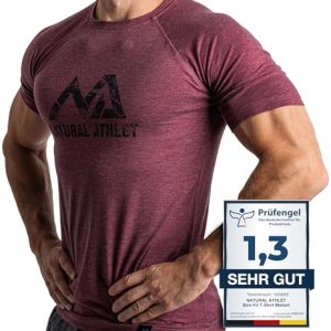 Herren Fitness T-Shirt meliert - Männer Kurzarm Shirt für Gym & Training - Passform Slim-Fit, lang mit Rundhals, Bordeaux, L
