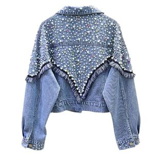 Jeansjacke Damen,Damen Jeansjacke Von Heavy Industry Mit Nieten Und Perlen Quaste Ausgewaschene Jeans Shacket Distressed Denim Trucker Abgeschnittener Cardigan Mantel Western Outwear Für Mädchen Her