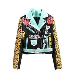 Alloaone Damen Motorrad Pu Lederjacke Tier Tiger Muster Druck Street Hipster Turndown Lederjacke Picture S