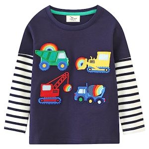 Jungen Langarmshirt Langarm Shirt Kinder Pullover Bulldozer Tops 3 4 Jahre Bagger Truck Dunkelblau Gr.104