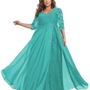 TANPAUL Spitze Chiffon Brautmutterkleider Halbarm Lang Abendkleid Ballkleid Plus Größe Aqua 32