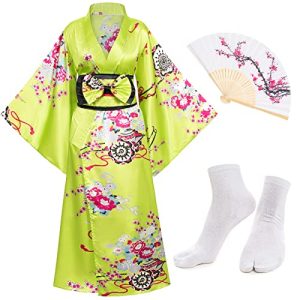 Elibelle Japanische Anime Damen Kimono Robe Geisha Yukata Sweet Dress Blossom Satin Bademantel Nachtwäsche Fans Tabi Socken Set, Grün , Plus size(Tag 5XL)