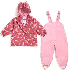 Regenanzug-Set für Kinder bestehend aus Regenhose und Regenjacke | gefüttert | Öko-Tex | winddicht | wasserdicht | Kapuze | Kinder Matsch Buddelanzug Jungen & Mädchen (110-116 (5-6 Jahre), rot-rosa)
