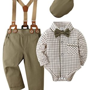Amissz Baby Jungen Anzug Bekleidungssets, 4tlg Hochzeit Festliche Taufanzug Strampler mit Fliege+ Langarm Hemd + Hosenträger Hosen Grün, 3-6 Monate