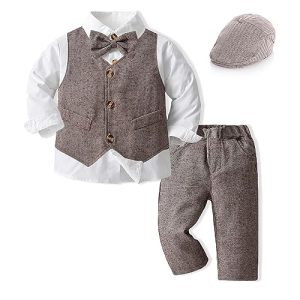 Volunboy Baby Anzug Jungen Anzugweste Hemd mit Fliege für Festlich Hochzeit Bekleidung Set 5tlg（12-18 Monate，Braun，Größe 80）