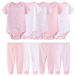 Chamie Baby Bodys Kurzarm Hose Bekleidungsset für Neugeborene Jungen und Mädchen Baumwolle Rose 3-6 Monate