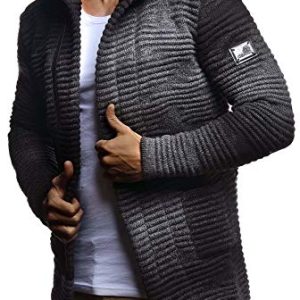 Leif Nelson Herren Strickjacke lang mit Kapuze & Reißverschluss (Schwarz, Größe L) - Strick Sweatjacke Männer Cardigan für Winter