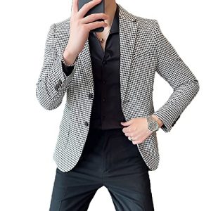 Klassischer Herren Anzug Business Casual Elegante Anzugjacke Gentleman Karierter Sakkos Mantel Frühling Vintage Jackett Outwear Hochzeit Blazer Kleidung,Gray,L(Bust:96cm)