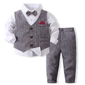 Volunboy Baby Anzug Jungen Anzugweste Hemd mit Fliege für Festlich Hochzeit Bekleidung Set 4tlg（18-24 Monate，Grau，Größe 90）