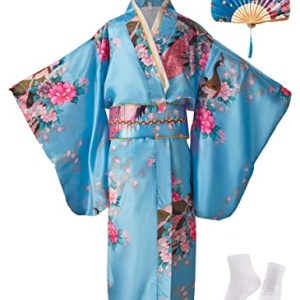 KRUIHAN Kimono-Kleid für Mädchen,Traditionelle Kleidung,Seidenstoff,Robe,Hochzeitskleidung,Party,Performance-Kleid,Cosplay-Kostüm-Set mit Faltbaren Fächern und Tabi-Socken,150 cm,Blau