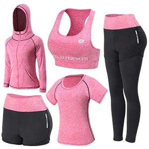 JULY'S SONG Yoga Kleidung Anzug 5er-Set Trainingsanzug Laufbekleidung Gym Fitness Kleidung (Pink, XL)