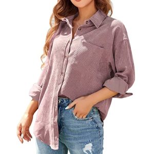 ANGGREK Hemdbluse Damen Cordhemd Langarm Corduroy Overshirt Button Down Bluse Hemd Jacke V-Ausschnitt Oberteile mit Taschen,Rosa,XL
