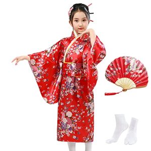 KRUIHAN Japanische Kimono Kinder,Yukata Kleid für Mädchen,Kinder Seidig Satin Kimono Robe,Mädchen Cosplay Kostüme Party Kleid,Mit Falten Fan und Tabi Socken,Rot,150
