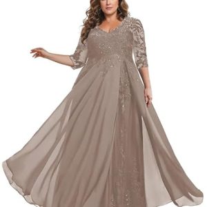 TANPAUL Spitze Chiffon Brautmutterkleider Halbarm Lang Abendkleid Ballkleid Plus Größe Taupe 58