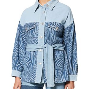 IPEKYOL Womens Below HIPS Zebra Print Denim Jacket, L.Indigo, 42