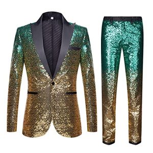 CARFFIV Herren Mode Farbverlauf Farben Pailletten Zweiteiliges Set Anzüge (XL, Green Gold)
