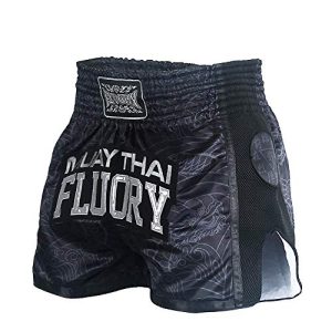 FLUORY Muay Thai Shorts, reißfeste Box-Shorts, MMA Fight Kick Kleidung für Männer Frauen Kinder Kampfsport Training Grappling-Schwarz-mtsf69-M