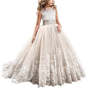 IBTOM CASTLE Blumenmädchen Festkleider Kleid Lang Brautjungfern Hochzeit Festlich Kleidung Festzug #5 Champagner 10-11 Jahre