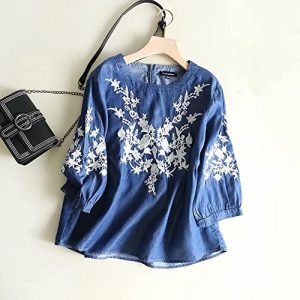 Hemdbluse Damen, Damen 3/4 Arm Jeanshemd Bluse Vintage Dunkelblau Blumenstickerei Rundhals Pullover Shirts Tops Lässig Locker Gewaschene Blusen Elegante Tunika Tops Für Damen Mädchen,M