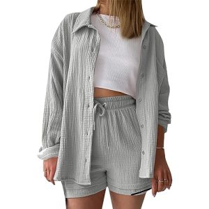 AEGJEGVD Zweiteiler Damen Sommer Musselin Bluse Hemd und Shorts Clothes Aesthetic Zweiteiler Lounge Set Strand Outfit Set Two Piece Set Women Große Größe