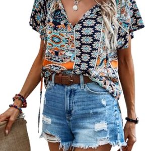 Awemeal Damen Bluse Sommer Rüschen Kurzarm V-Ausschnitt Shirt Boho Drucken Strand Top T-Shirt Casual Lose Tunika Oberteil (M, Navy Blau)