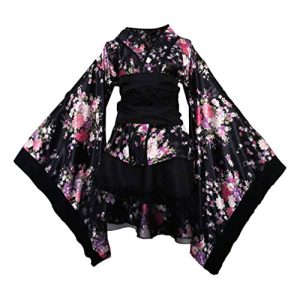 SOIMISS Kurzes Kimonokostüm für Erwachsene Traditionelles Japanisches Polyester Yukata Sakura Muster V- Ausschnitt Kimono Party Cosplay Outfit für Party Frauen Mädchen Geschenk XXXL