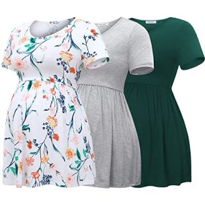 Bearsland Maternity Tops Short Sleeve Scoop Neck Breastfeeding T-Shirt Pregnancy Clothes，Green&Light Gray&White Flower,L