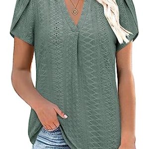 Siddhe Elegante Bluse Damen Festlich Kurzarm Shirt Damen V Ausschnitt Wasserfall Oberteil Damen Sommer T-Shirt Elegant Party Feierliche Kleidung Longbluse Damen für Leggings Lässig Locker Grün Tshirt