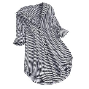 Bluse Damen Modisches Gestreiftem Druck Langarmshirt Umlegekragen Langen Ärmeln Oberteile Button Down Hemden Übergroße Hemdbluse Unregelmäßigem Saum Tunika Tops Plus Size Locker Blusentops S-5XL