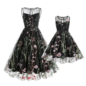 Mommy and Me Passendes Blumenkleid, Mutter und Tochter, Kleid, Damen, Netzstoff, Blumenstickerei, Kleid für Mädchen, Tüll, Schwarz, Groß
